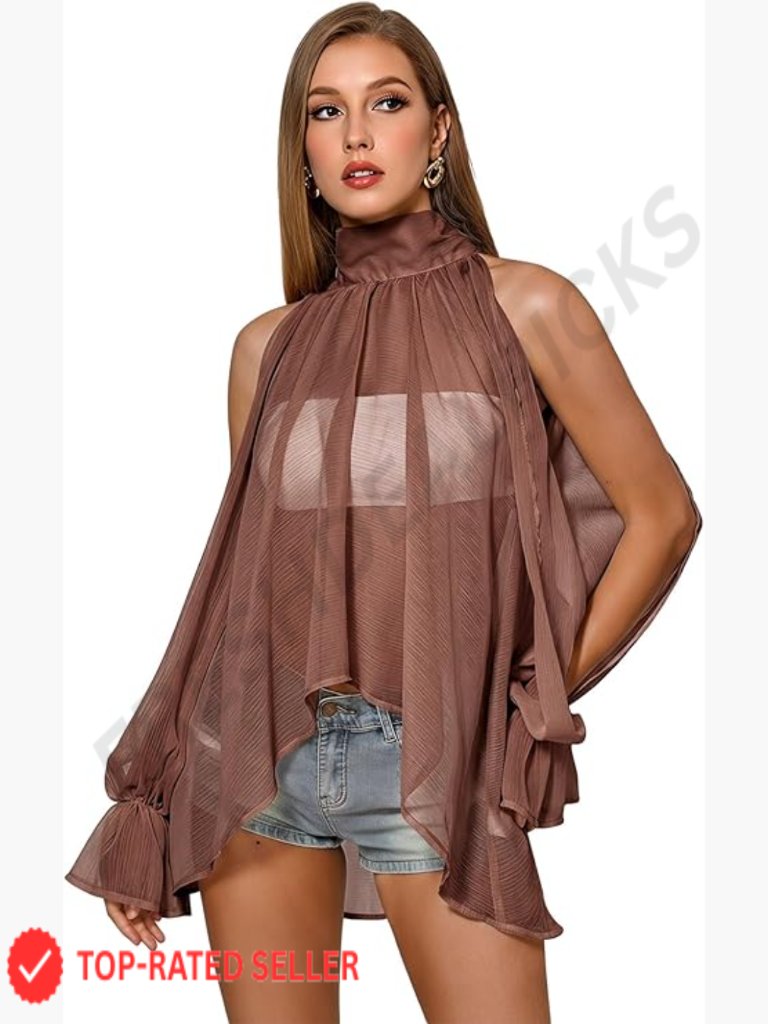 Sheer Chiffon Halter Blouse Dressy Split Flowy Mock Neck Tie Back Party Top